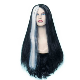 Μάγισσα Μακριά Μαύρη Περούκα Λευκή Ανταύγεια | Halloween & Απόκριες | Alegro