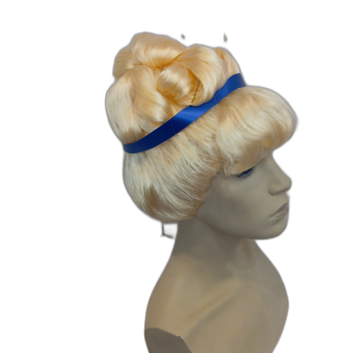 Cinderella Tall Blonde Curly Wig in Regal Updo with Blue Ribbon
