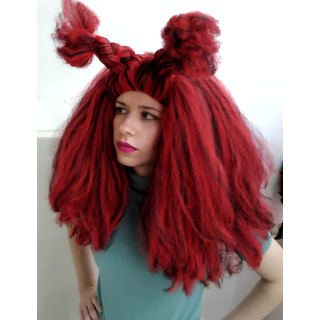 Demon Textured Voluminous Red and Black Drag Wig with Bun Horns
