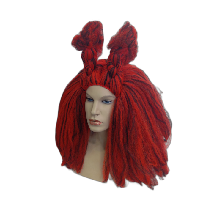 Demon Textured Voluminous Red and Black Drag Wig with Bun Horns