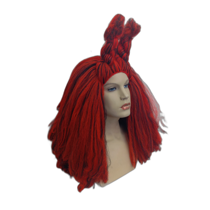 Demon Textured Voluminous Red and Black Drag Wig with Bun Horns