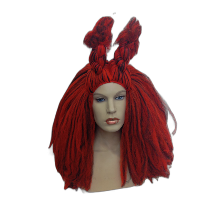 Demon Textured Voluminous Red and Black Drag Wig with Bun Horns
