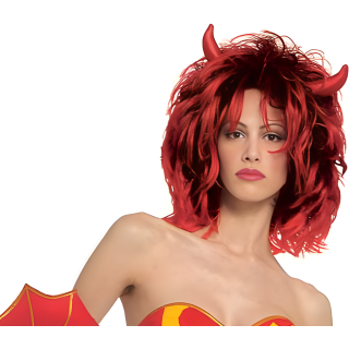 Devil Woman Red Wig with Horns and Black Details