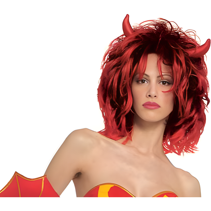 Devil Woman Red Wig with Horns and Black Details
