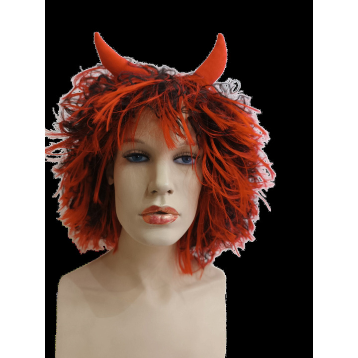 Devil Woman Red Wig with Horns and Black Details