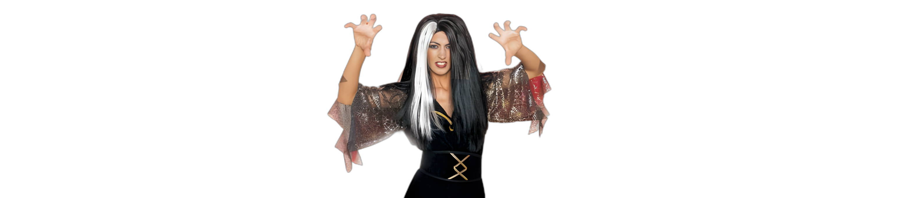 Witch's Long Black Wig with White Bang